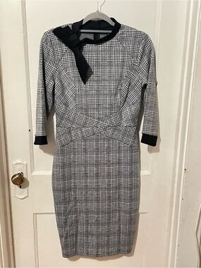 Black & White Plaid Sheath Dress with tie Neck
